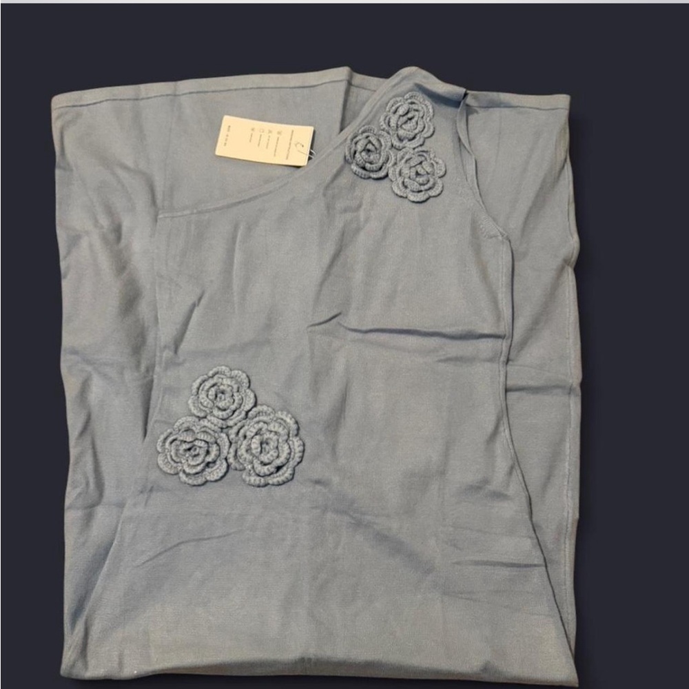 Blue Top with Floral Embellishments